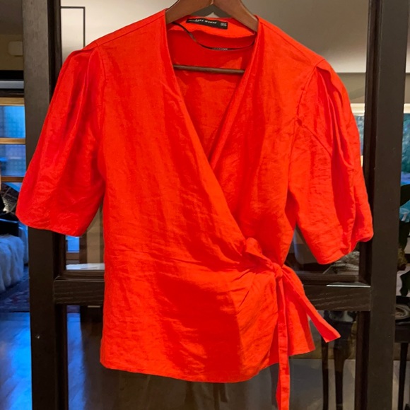 Orange 100% linen wrap top size M - Picture 2 of 2